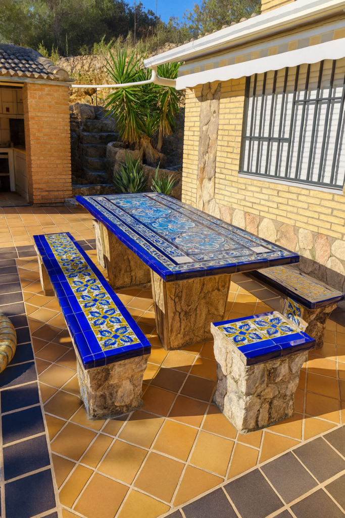 comedor al aire libre con cerámica azul